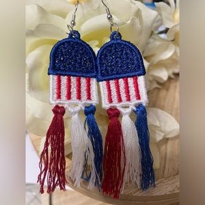 Handmade Free Standing Lace Patriotic Earring. Red, White and Blue